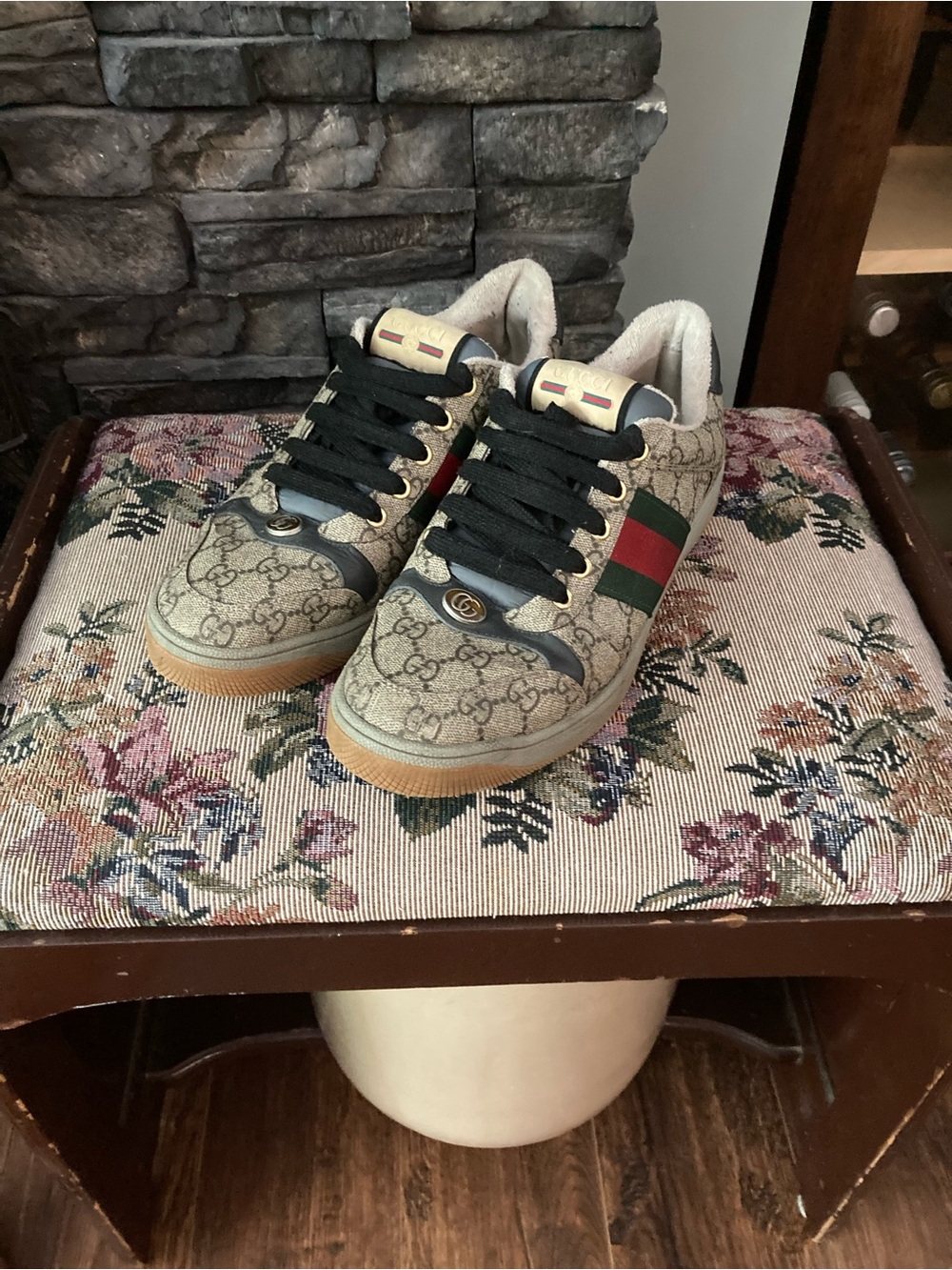 Gucci Beige GG Monogram Sneakers with Red & Green Stripe